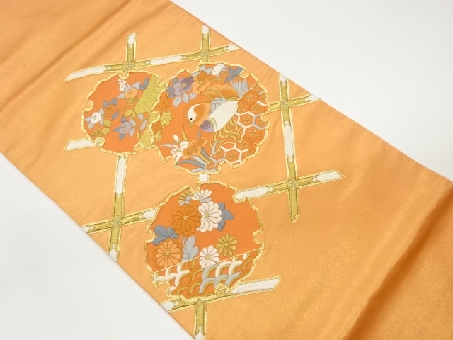 金駒刺繍　雪輪に鴛鴦・花々模様織出し袋帯